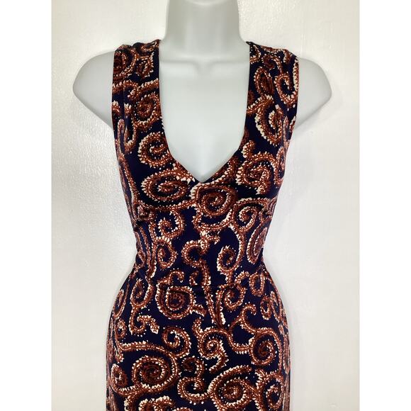 Tory Burch Rust Navy Print Silk Jersey Sleeveless Fitted Dress Zipper S - Picture 4 of 7